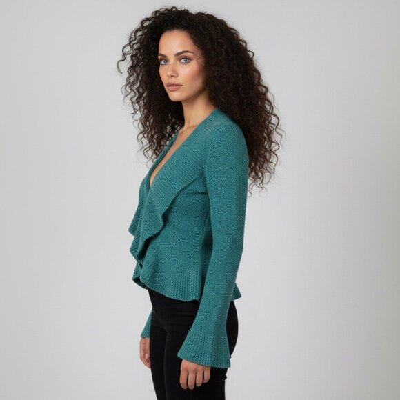 Vtg Y2K Victoria’s Secret Teal V-Neck Ruffled Knit Cardigan | Cottagecore Fairy - Picture 10 of 14